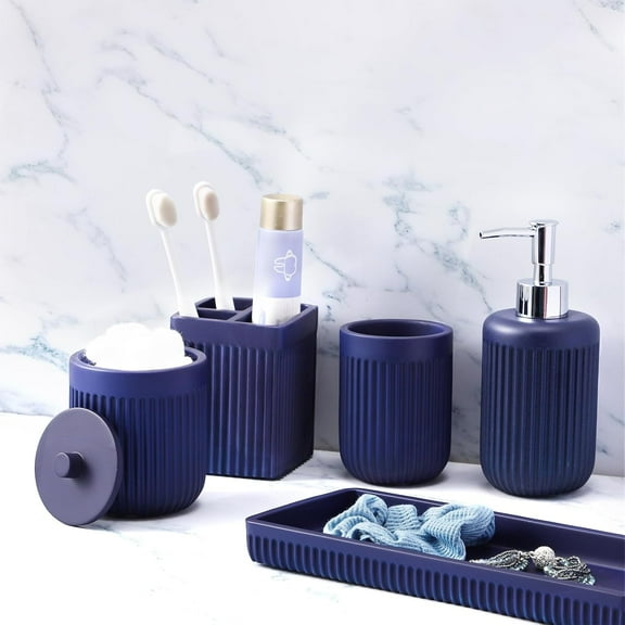 Resin White Bathroom Accessories Set 5 Pcs, Lotion Soap Dispenser, Toothbrush Holder, Bathroom Tumbler, Qtip Holder and Vanity Tray, Bathroom Countertop Organizer Set for Modern Home Apartment