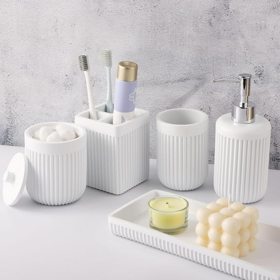 Resin White Bathroom Accessories Set 5 Pcs, Lotion Soap Dispenser, Toothbrush Holder, Bathroom Tumbler, Qtip Holder and Vanity Tray