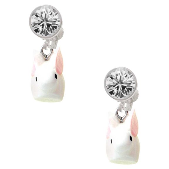 Resin White Big Ear Bunny Clear Crystal Clip On Earrings