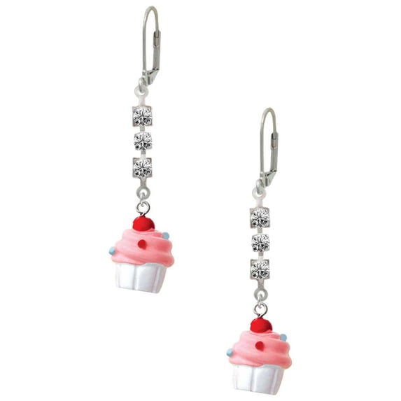 Resin White Cupcake with Pink Frosting Crystal Madison Leverback Earrings