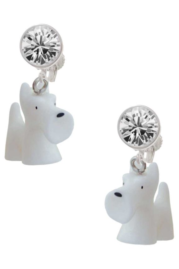 Resin White Scottie Dog Clear Crystal Clip On Earrings