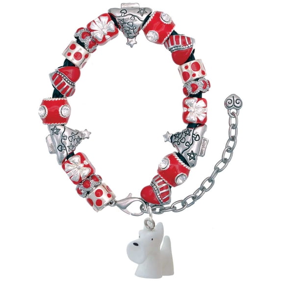 Resin White Scottie Dog Red Christmas Bead Bracelet