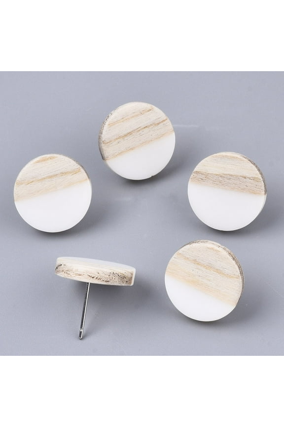 Resin & Wood Stud Earrings with 304 Stainless Steel Pin Flat Round Creamy White 15mm Pin: 0.7mm