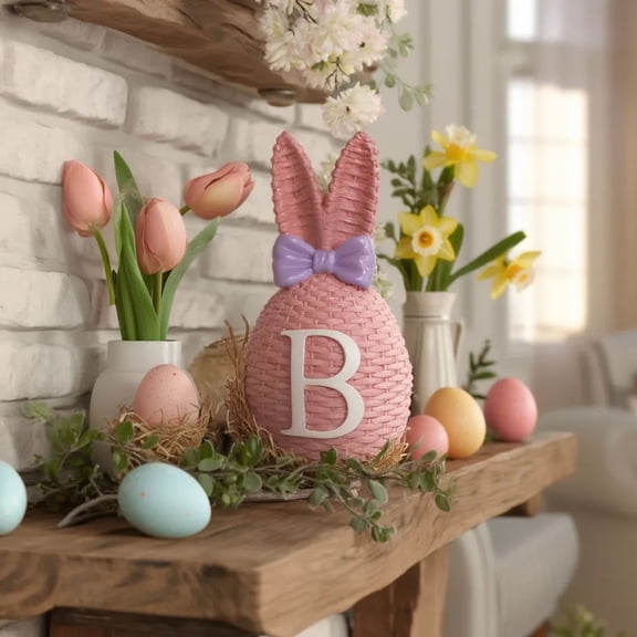 Resin Woven Easter Egg Letter Figurines, Monogram B Bunny Decor with Satin Bows, Spring Tabletop Decorations for Home