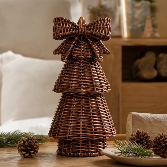 Resin Woven Tabletop Christmas Tree, 8 Inch Rustic Faux Rattan Christmas Tree with Bow, Farmhouse Small Christmas Tree for Mantel Shelf Table Holiday Home Decor