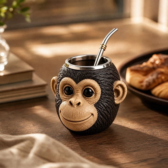 Resin Yerba Mate Gourd Cup with Bombilla Straw, Stainless Steel Inner Liner, Creative Soccer Monkey Tractor Shape Mate Tea Mug Unique Drinking Cup Gift