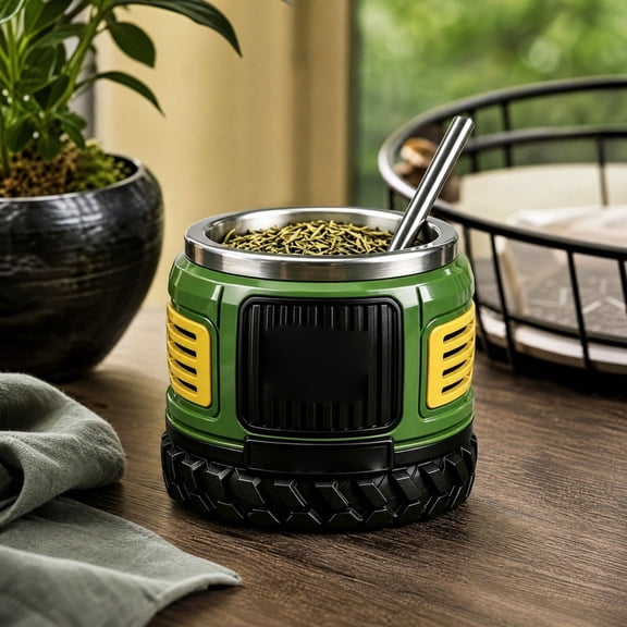 Resin Yerba Mate Gourd Cup with Bombilla Straw, Tractor Shape Mate Tea Mug, Stainless Steel Inner Liner, Creative Drinking Cup Gift