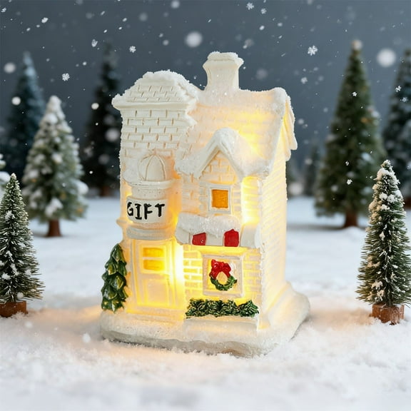 Resin white glowing snow house/ Christmas Houses Resin Ornaments Desktop Decoration Lighted Christmas Houses 2026 Cottage Town Tiny Figurine With LED Light Winter Village Ornament For Xmas Scene
