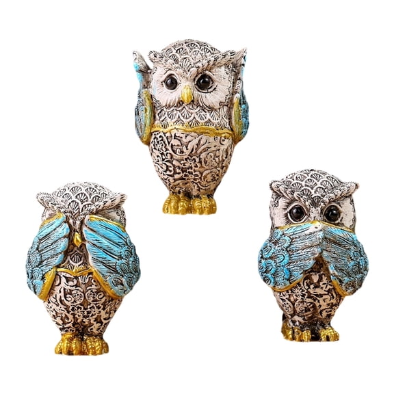Resins Owl Sculptures Set of 3 Unique Hear No See No Speak No Animal Figurines Ornaments for Home and Office Desk Decors