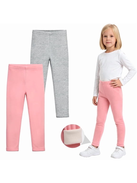 2 Pack Girls Winter Cotton Fleece Lined Leggings Thick Thermal Tights Warm Full Length Pants for Kids