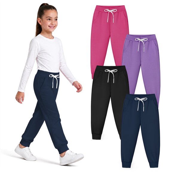 Resinta 4 Pack Girls' and Toddler Sweatpants Kids Active Jogger Pants Girls Casual Pull On Pants with Drawstring Pockets