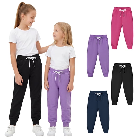 Resinta 4 Pack Girls' and Toddler Sweatpants Kids Active Jogger Pants Girls Casual Pull On Pants with Drawstring Pockets