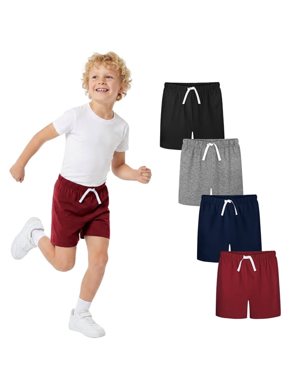 4 Pack Boys Cotton Shorts, Toddler Boys Pull-On Casual Shorts with Adjustable Waist, Soft School Shorts for Everyday Wear