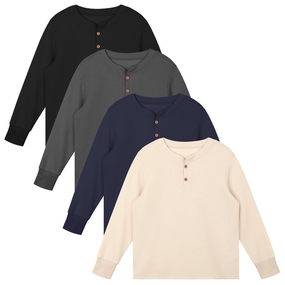 Resinta 4 Pack Toddler Boys Henley Long Sleeve Shirts Boys Waffle Henley Knit Thermal Tops for Daily Wear Running Outdoors