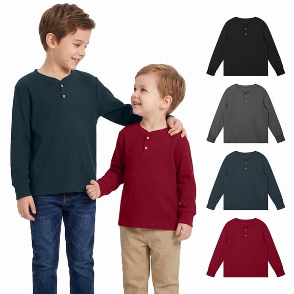 Resinta 4 Pack Toddler Boys Henley Long Sleeve Shirts Boys Waffle Henley Knit Thermal Tops for Daily Wear Running Outdoors
