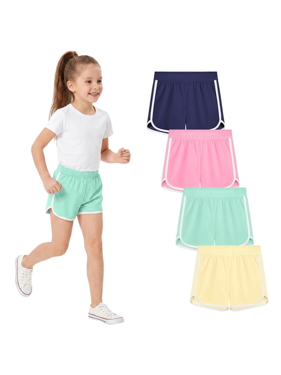 Girls 4-Pack Activewear & Athletic Shorts, Quick Dry Dolphin Hem Workout Shorts for Kids, Sizes 4T-12 Years