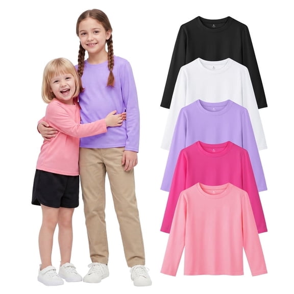 Resinta Girls 5 Pack Cotton Long Sleeve T-Shirts, Soft Crew Neck Basic Tees for Toddler & Little Girls, Everyday School Tops