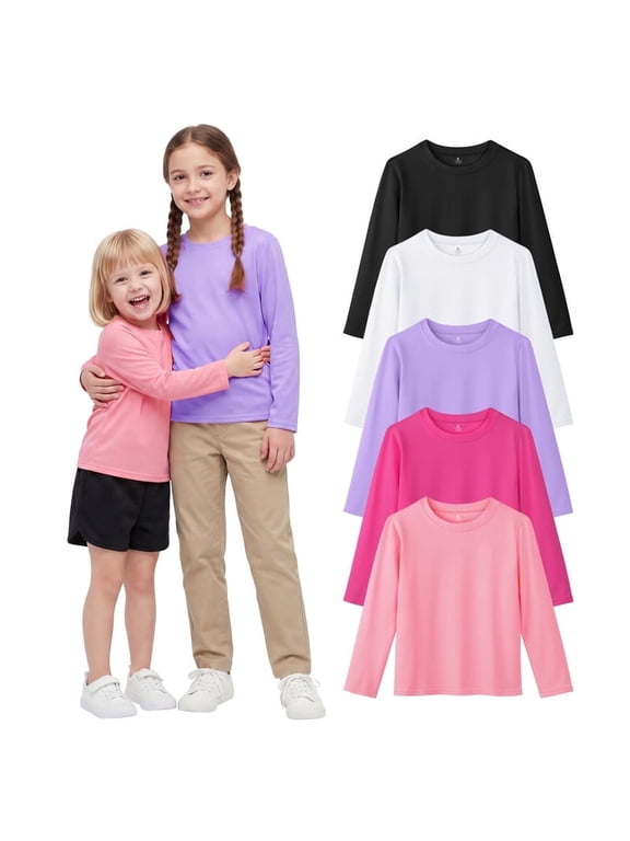 Girls 5 Pack Cotton Long Sleeve T-Shirts, Soft Crew Neck Basic Tees for Toddler & Little Girls, Everyday School Tops