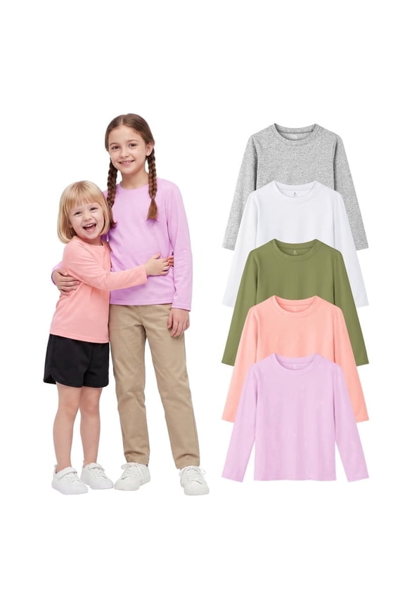 Girls 5 Pack Cotton Long Sleeve T-Shirts, Soft Crew Neck Basic Tees for Toddler & Little Girls, Everyday School Tops