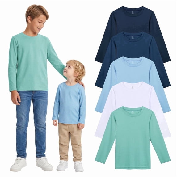 Resinta Boys 5 Pack Cotton Long Sleeve T-Shirts, Soft Crew Neck Basic Tees for Toddler & Little Boys, Everyday School Tops