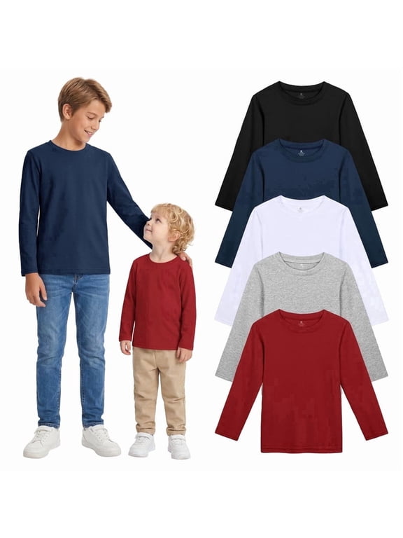 Boys 5 Pack Cotton Long Sleeve T-Shirts, Soft Crew Neck Basic Tees for Toddler & Little Boys, Everyday School Tops