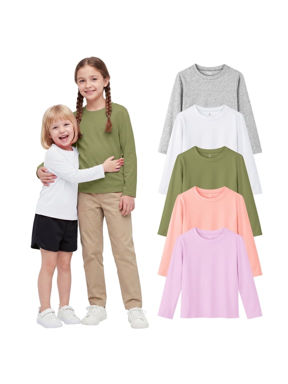Girls 5 Pack Cotton Long Sleeve T-Shirts, Soft Crew Neck Basic Tees for Toddler & Little Girls, Everyday School Tops