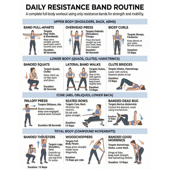 Resistance Band Exercise Poster, Full Body Exercise Posters For Arms, Legs, Gluteal Muscles, Back, And Core, Home Exercise Plan Poster, Strength Training Poster