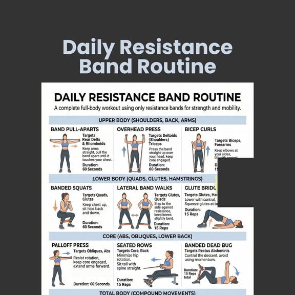 Resistance Band Exercise Poster, Full Body Exercise Posters For Arms, Legs, Gluteal Muscles, Back, And Core, Home Exercise Plan Poster, Strength Training Poster