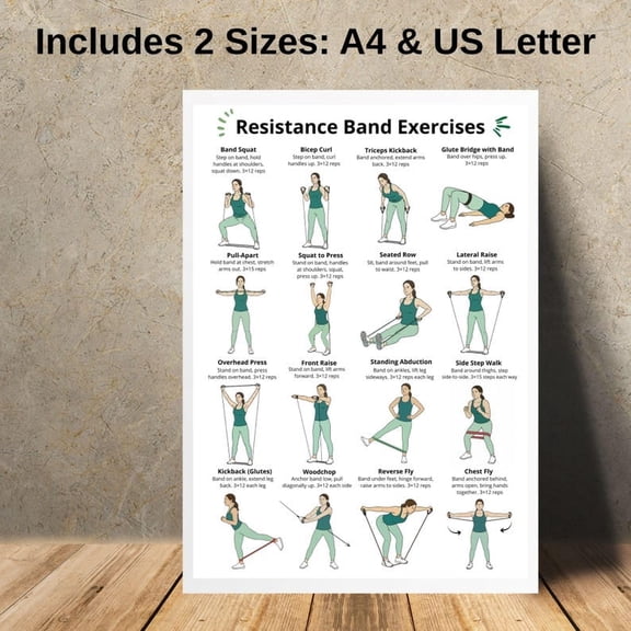 Resistance Band Exercises Poster Full Body Resistance Band Workout Chart For Arms, Legs, Glutes, Back & Core Beginner Home Gym Exercises, Poster Only