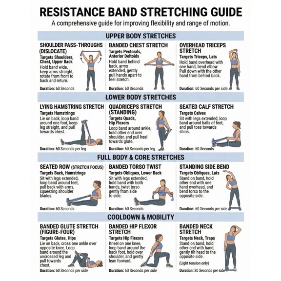 Resistance Band Stretching Exercise Poster, Full Body Exercise Poster For Arms, Legs, Hips, And Core Muscle Groups, Family Exercise Plan, Strength Training Poster