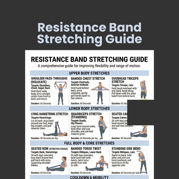Resistance Band Stretching Exercise Poster, Full Body Exercise Poster For Arms, Legs, Hips, And Core Muscle Groups, Family Exercise Plan, Strength Training Poster