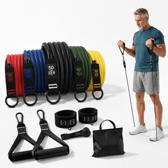Resistance Bands 10-150LBS Adjustable Exercise Set with Handles Ankle Straps and Door Anchor