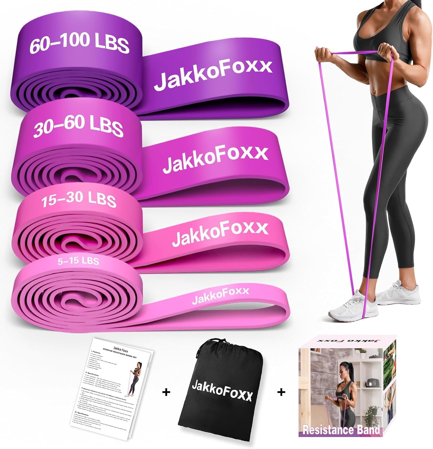 JAKKOFOXX Resistance Bands Set, 4 Pack, 5-15 lbs to 60-100 lbs