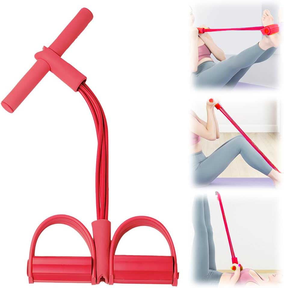 Resistance Bands with Handles, 4-Tubes Elastic Foot Pedal Resistance Bands, Multifunction Fitness Bands for Abdomen, Waist, Arm, Leg Stretching Training（Red）