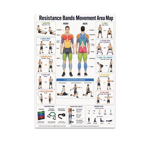 Resistance Bands Movement Area Map Poster, Home Gyms, Active Adults, and Beginner Fitness Programs, 13x19 Glossy Paper