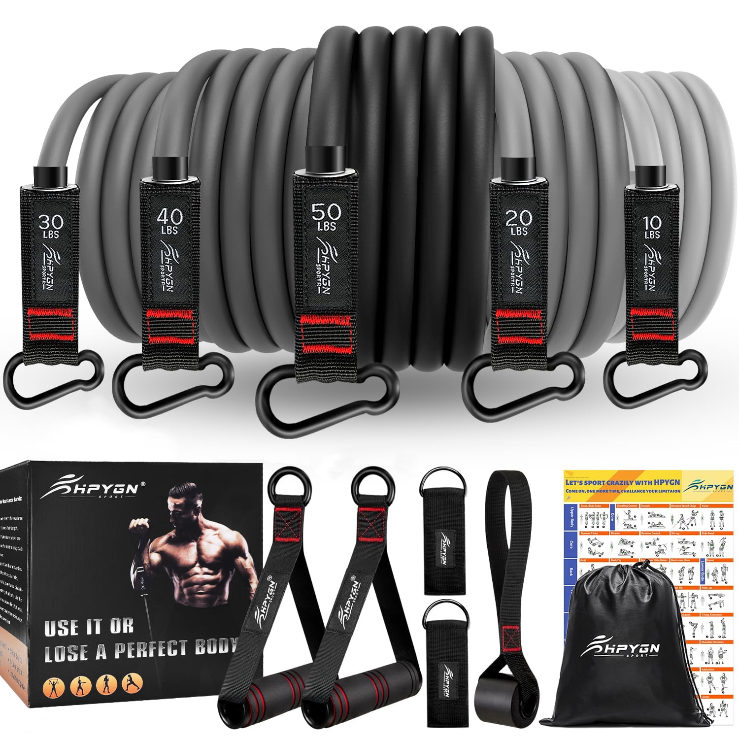 HPYGN Resistance Bands Set 150lb 5 Tube Fitness Bands for Power Workout Stretching Exercise with Heavy Duty Handles Walmart