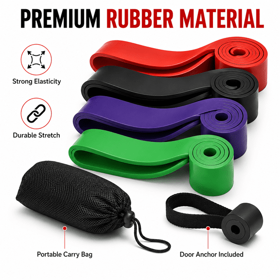 Resistance Bands Set, 4 Levels Pull Up Assistance Bands with Door Anchor and Carry Bag, Rubber Exercise Bands for Strength Training, Stretching, Physical Therapy and Home Gym Workouts