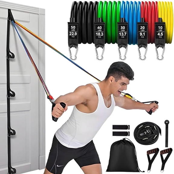 Resistance Bands Set with Door Anchor System, 5 Colors Stackable up to 150LBS, Includes 5-Angle Door Tool, Full Workout Bands, Handles, Ankle Straps, Portable Bag
