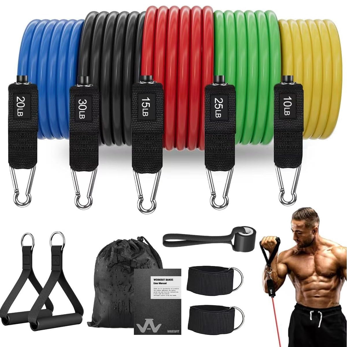 Resistance Bands Set with Handles - Exercise Bands Home Gym Strength Training Equipment, Includes Door Anchor & Ankle Straps for Full Body Workout Bands, Physical Therapy