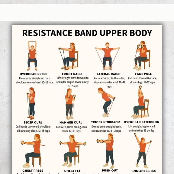 Resistance Belt Exercise Chart Poster - Upper Body Exercise Diagram Guide Poster Home Gym Fitness Mural - Strength Training Poster poster