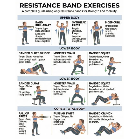 Resistance Belt Exercise Poster, Full Body Exercise Poster For Arms, Legs, Hips, Back, And Core, Family Exercise Plan, Strength Training Poster