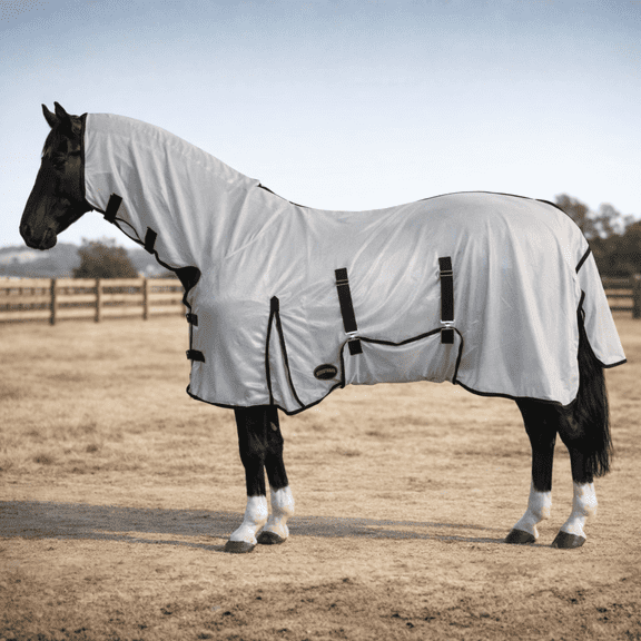 Resistance Horse Fly Sheet with Neck Cover and Belly Wrap, Mesh, UV Protection, Silver, Sizes 68 in–82 in