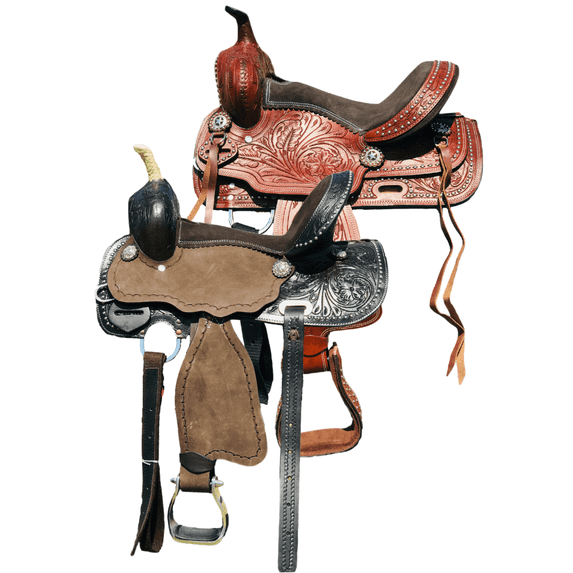 Resistance Kids Western Horse Barrel Saddle Western Youth Child Genuine Leather Saddle for Horse Riding Black Seat | Floral Tooled | 10" 12" 13"