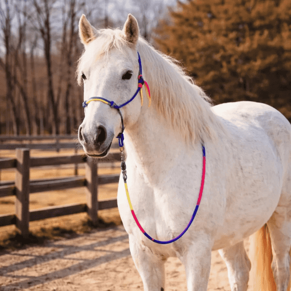 Resistance Multi Color Rope Halter with 9ft Lead Rope Full Size Rainbow Knotted Horse Halter