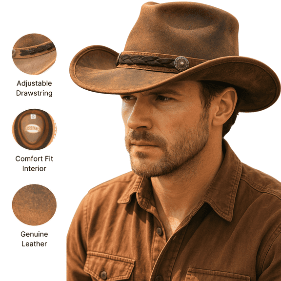 Resistance Premium Cowboy Hat, Australian Style Leather Western Outback Hat for Men & Women, Shapeable Brim