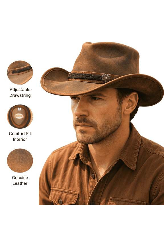 Premium Cowboy Hat, Australian Style Leather Western Outback Hat for Men & Women, Shapeable Brim