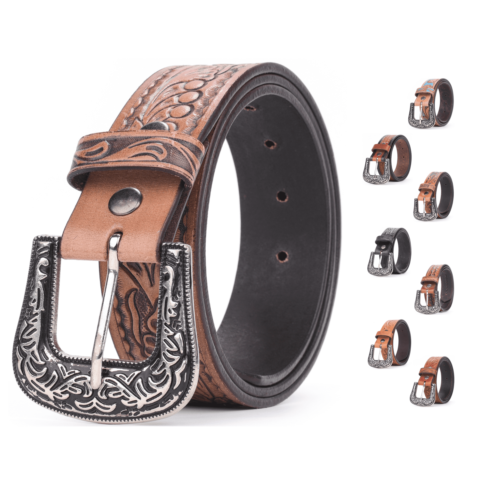 Western Cowboy Belt For Men & Women - Leather Rodeo Belt With Wolf/Horse/Sheep Buckle, Adjustable 28-48" Waist (1.5")