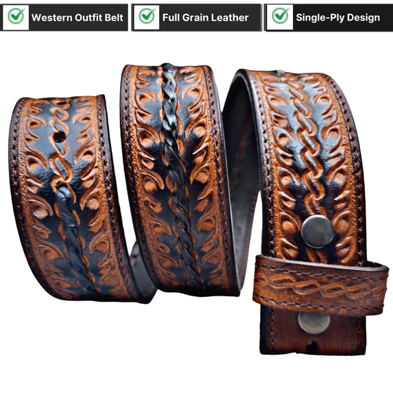 Western Leather Belt Without Buckle – Hand-Tooled Full-Grain Cowboy Belt Strap for Men’s & Women’s Casual Wear, Plus Sizes Available
