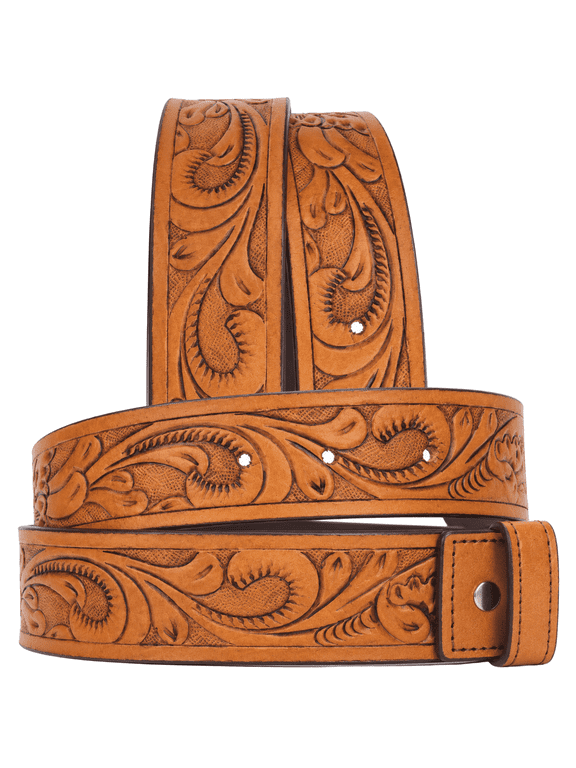 Western Leather Belt Without Buckle – Hand-Tooled Full-Grain Cowboy Belt Strap for Men’s & Women’s Casual Wear, Plus Sizes Available