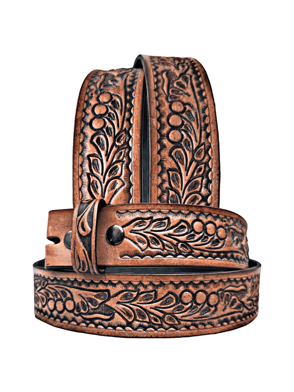 Western Leather Belt Without Buckle – Hand-Tooled Full-Grain Cowboy Belt Strap for Men’s & Women’s Casual Wear, Plus Sizes Available
